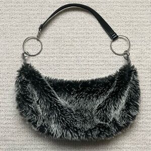 Black & grey faux fur oversized shoulder bag with silver hardware